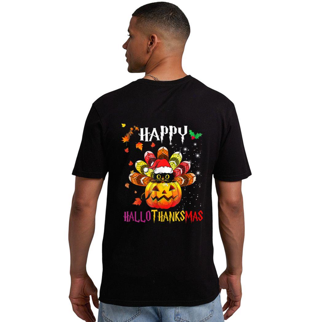 Black Cat Halloween And Merry Christmas Happy Hallothanksmas Men T-Shirt