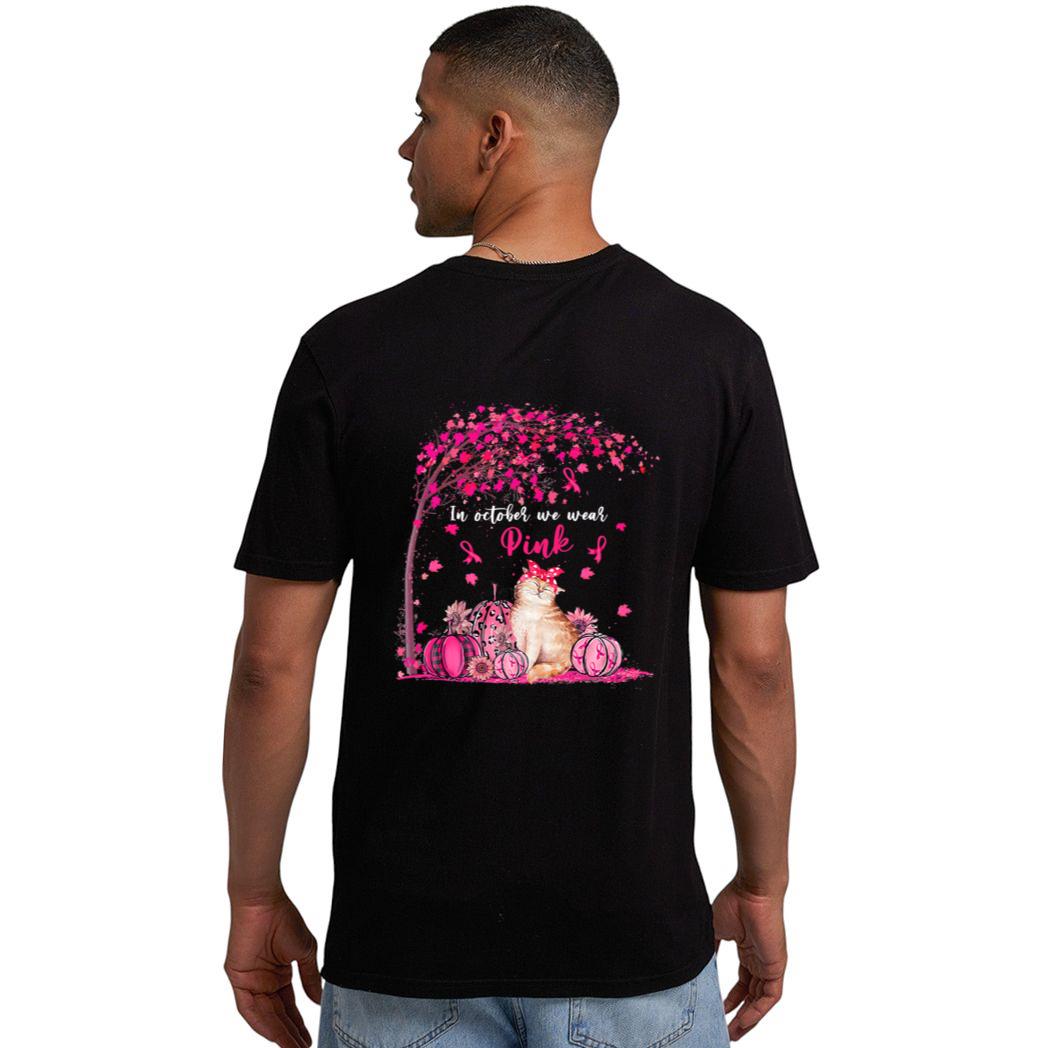Breast Cancer Awareness In October We Wear Pink Pumpkin Cat Premium Men T-Shirt