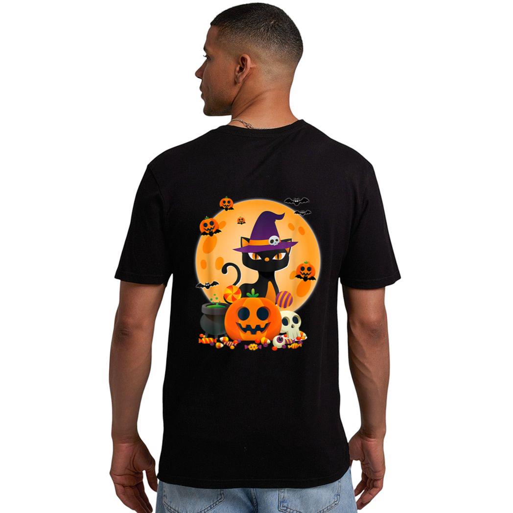Cat With Witch Hat Pumpkin Bat Moon Cat Funny Halloween Men T-Shirt
