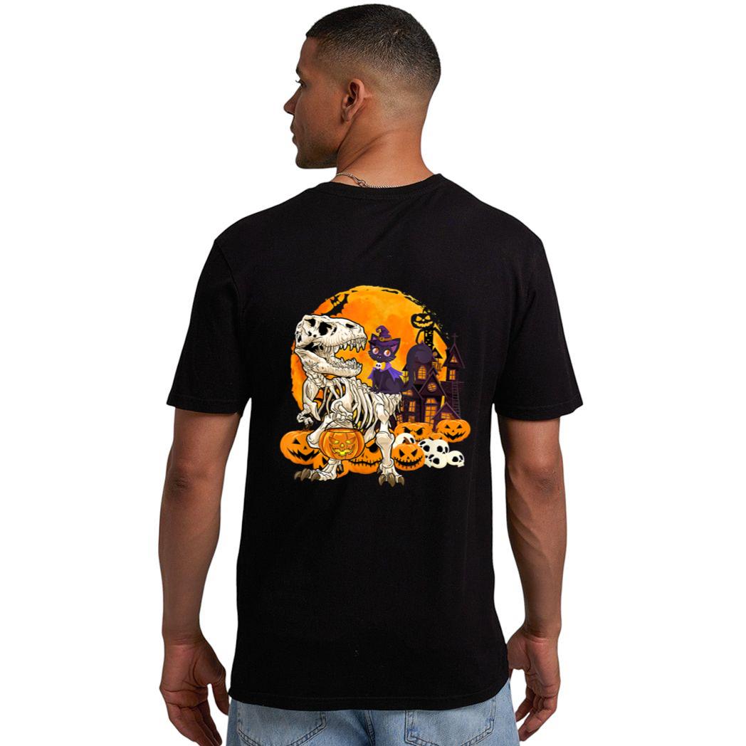 Dinosaur Skeleton Pumpkin With Moon Halloween Cat Witchy Men T-Shirt
