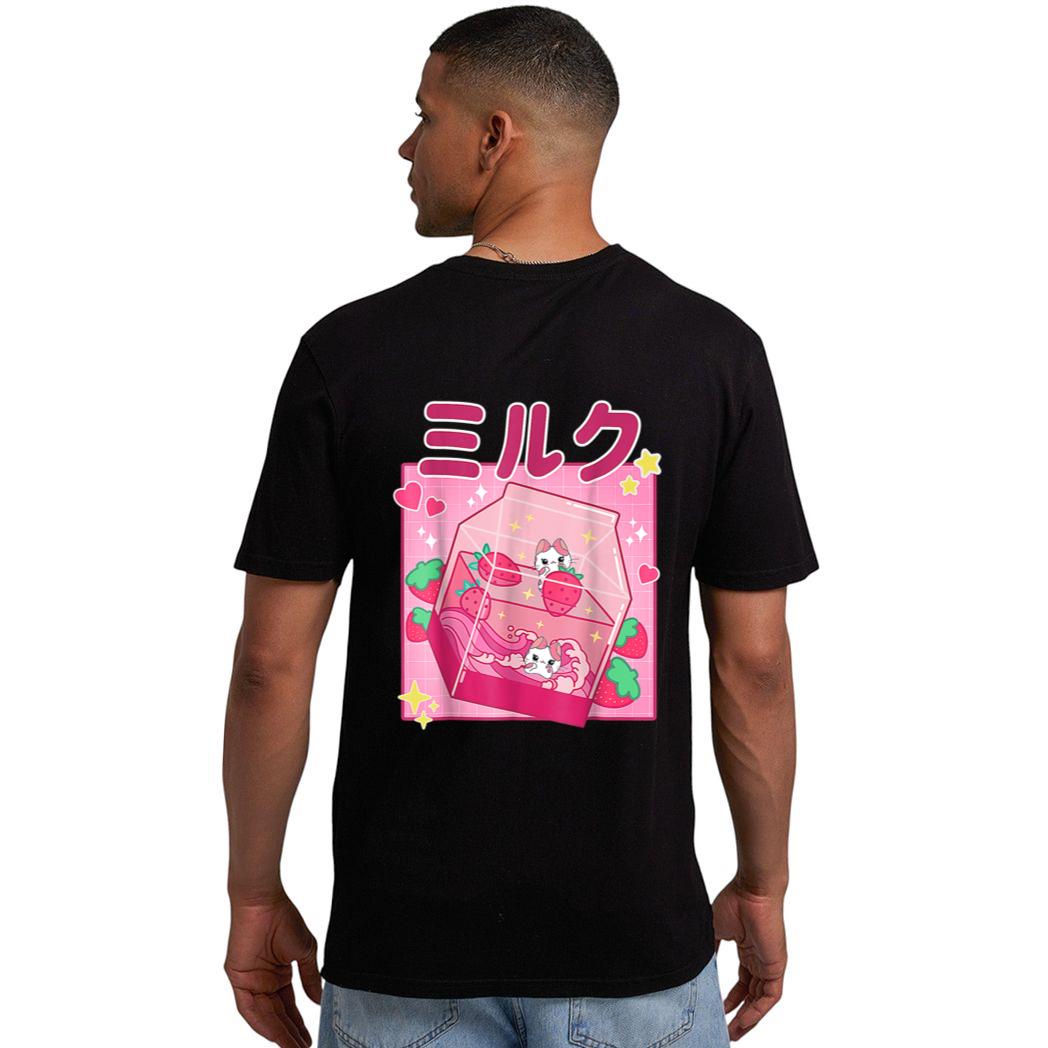Funny Retro 90s Strawberry Milkshake Carton Kawaii Anime Cat Men T-Shirt