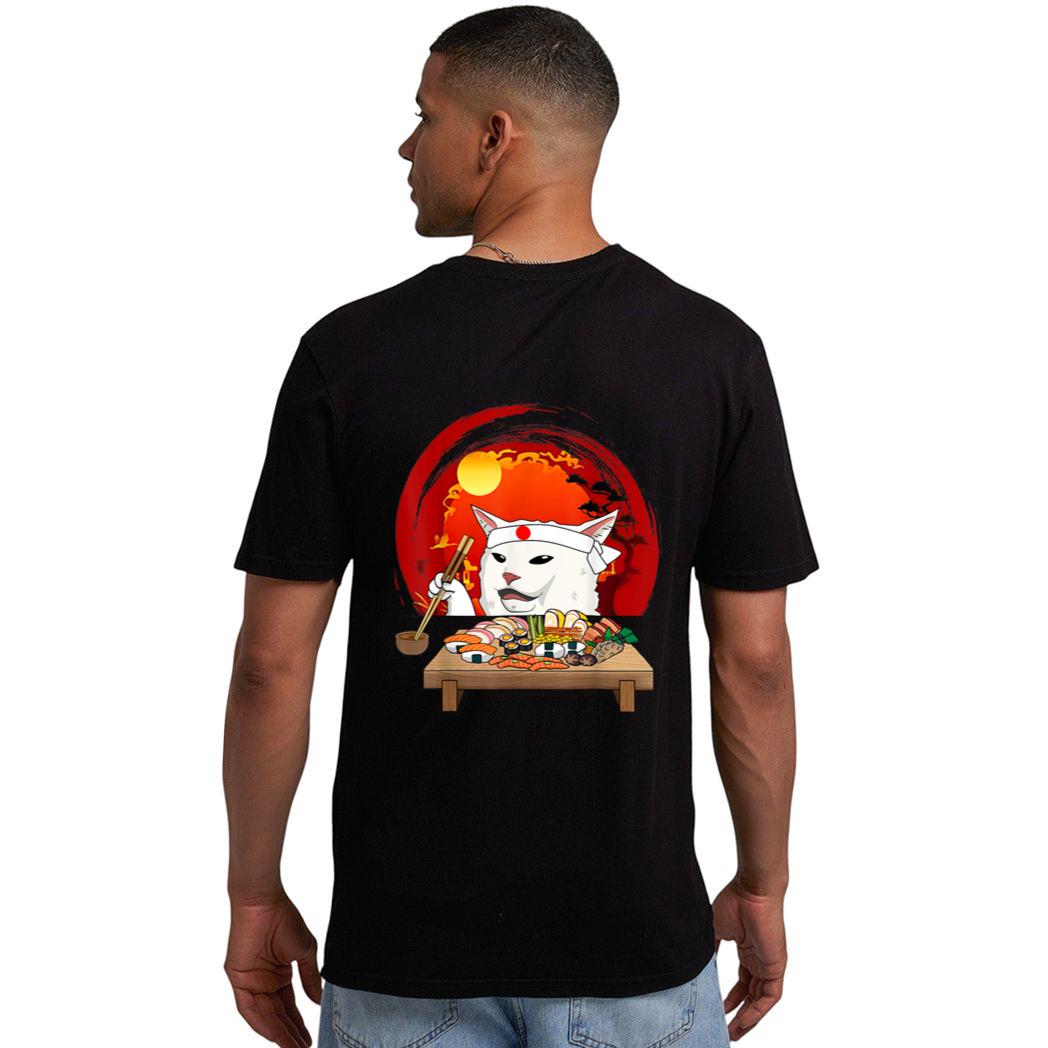 Funny White Cat Meme Eating Sushi Kawaii Sushi Cat Men T-Shirt