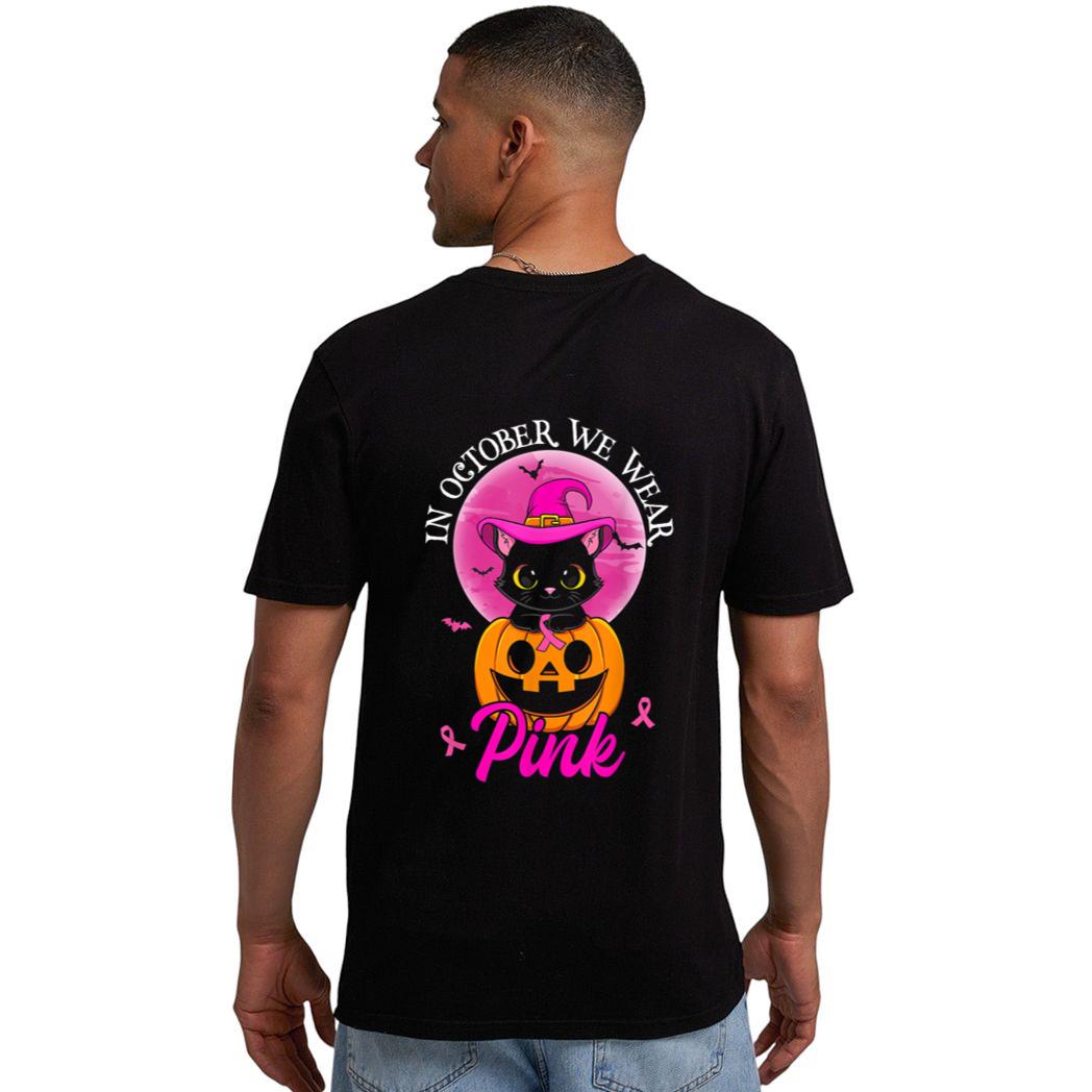 In October We Wear Pink Witch Cat Halloween Breast Cancer Men T-Shirt