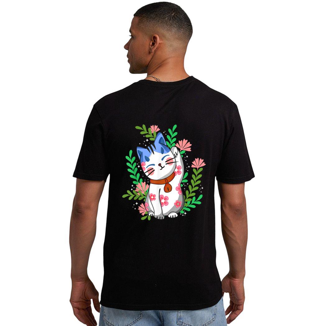 Maneki neko Lucky Japanese Cat Floral Botanical Men T-Shirt