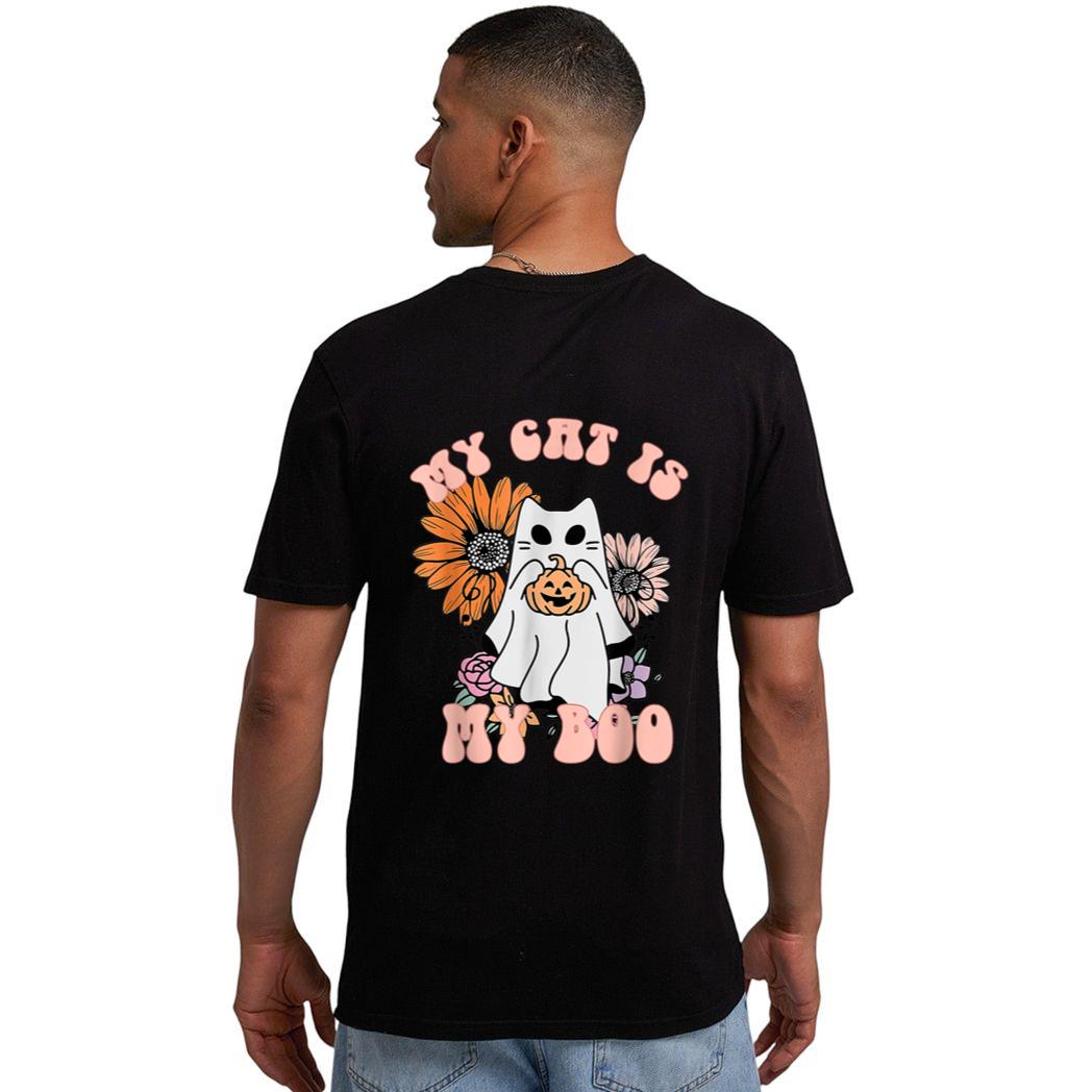My Cat Is My Boo Floral Groovy Ghost Cat Spooky Halloween Men T-Shirt