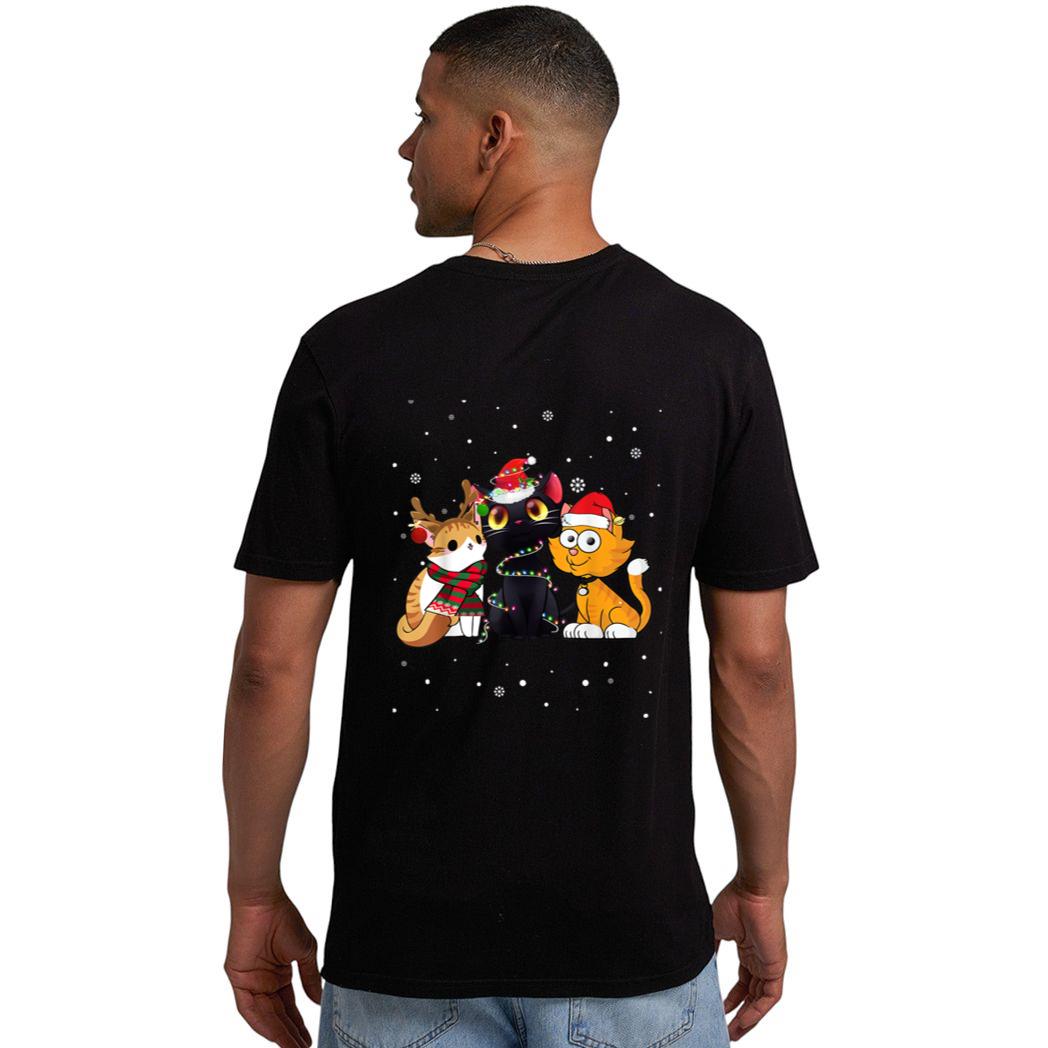 Three Cat Christmas Funny Kitty Santa Hat And Lights Gifts Men T-Shirt