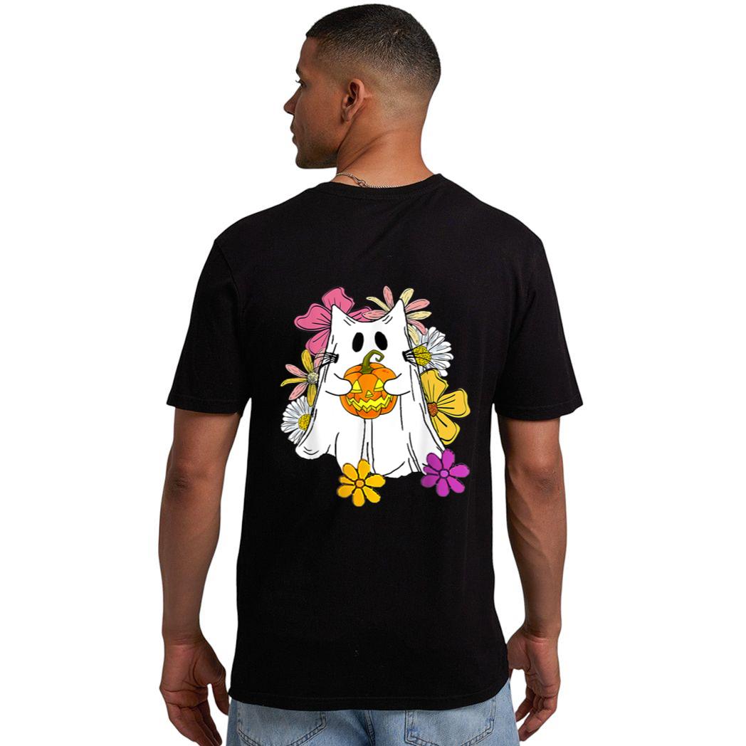 Vintage Floral Ghost Cat Halloween Graphic Men T-Shirt